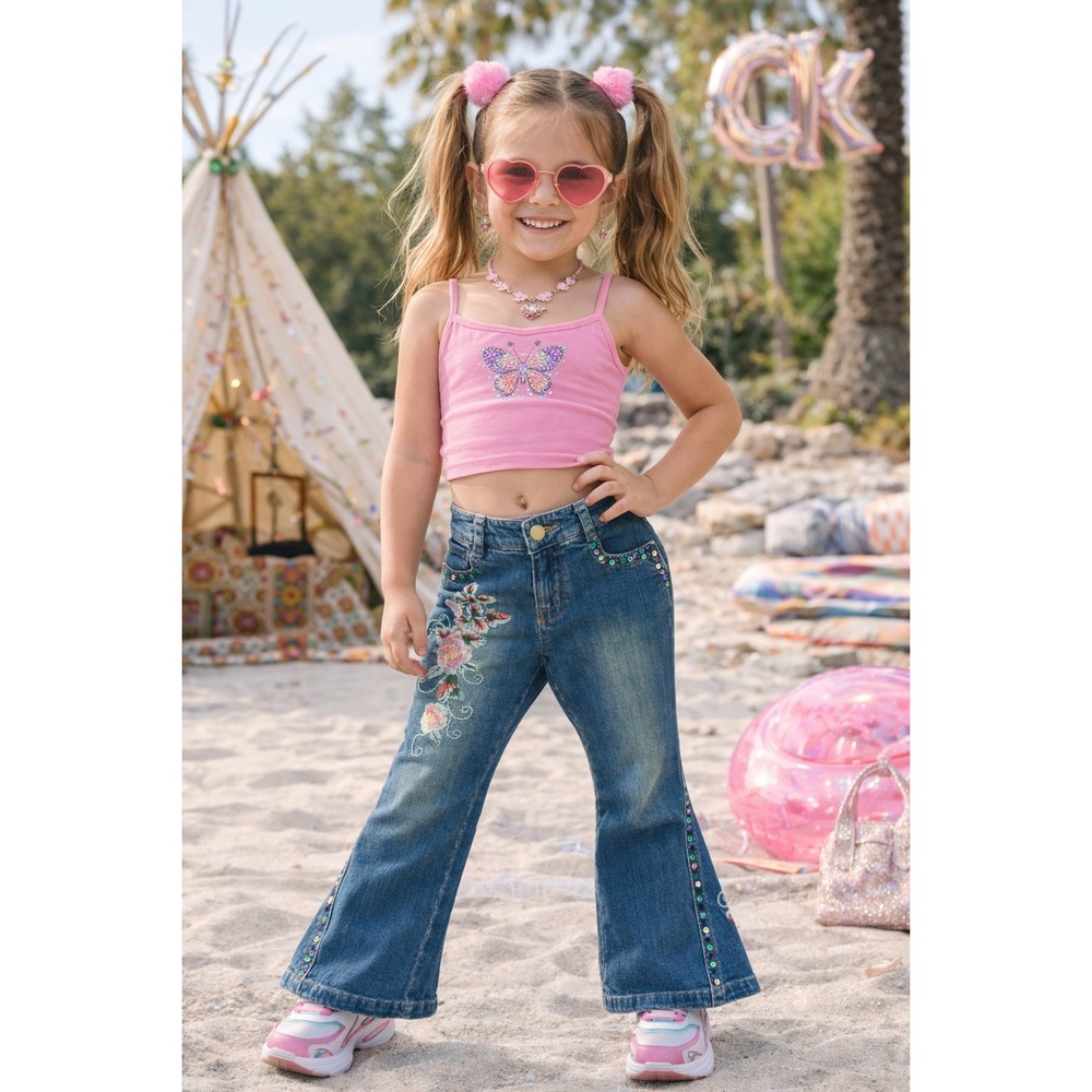 Sara Sara Y2K Little Girls Flared Embroidered Jeans w/ Sequins – Size 4-‎ NEW